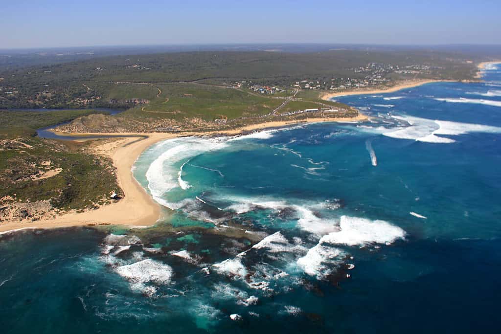 Aerial The Box, Surfers Point, Margaret River, Western Australia.