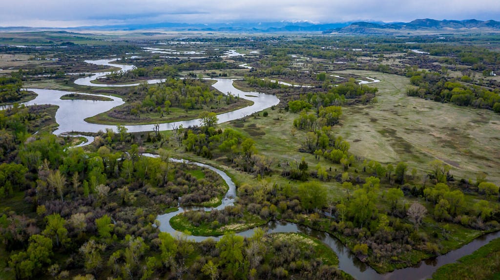 MAY 23 2019, USA - THREE FORKS, MT - Missouri River Breaks National Monument, the source of the Missouri River, comprised of Jefferson, Madison and Gallatin Rivers
