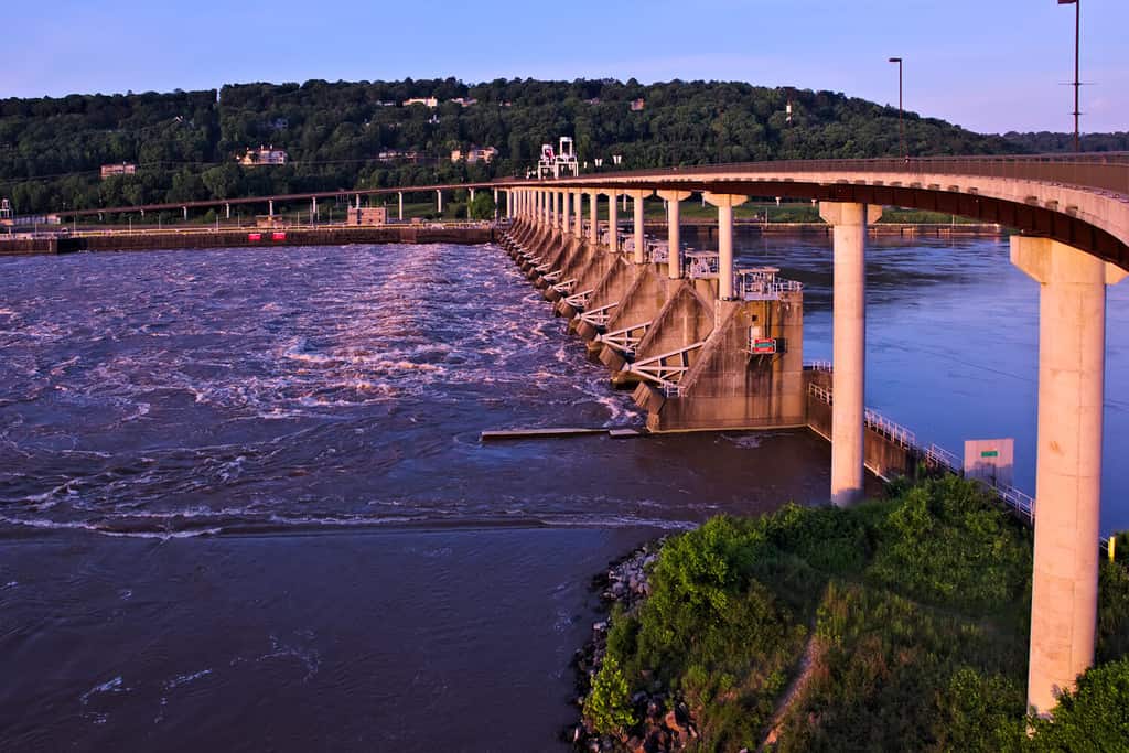 View of Murray Lock and Dam and Big Dam Bridge over Arkansas River in Little Rock