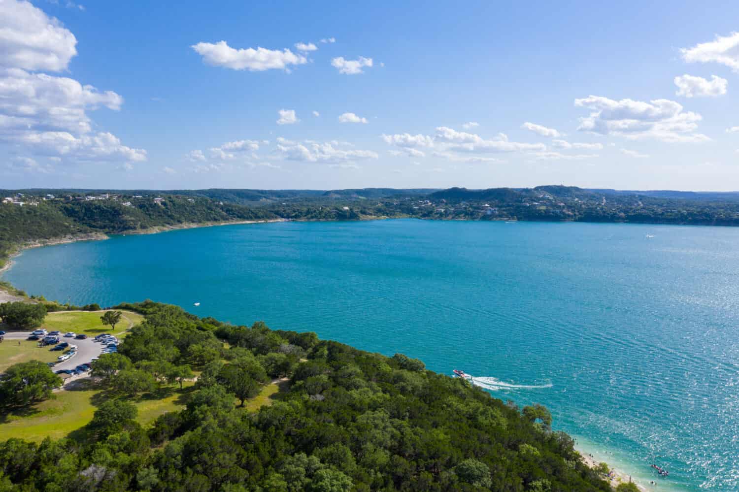 Aerial view of Canyon Lake, showcasing its scenic beauty and surrounding landscape in the Texas Hill Country.