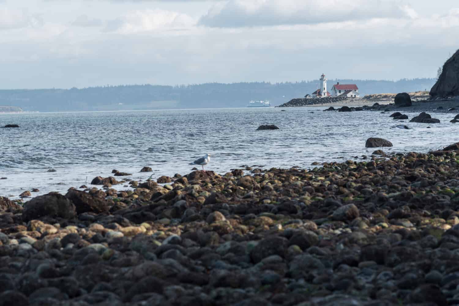 Seascape of shoreline and distant lighthouse on a cloudy day in Fort Worden State Park in Port Townsend Washington