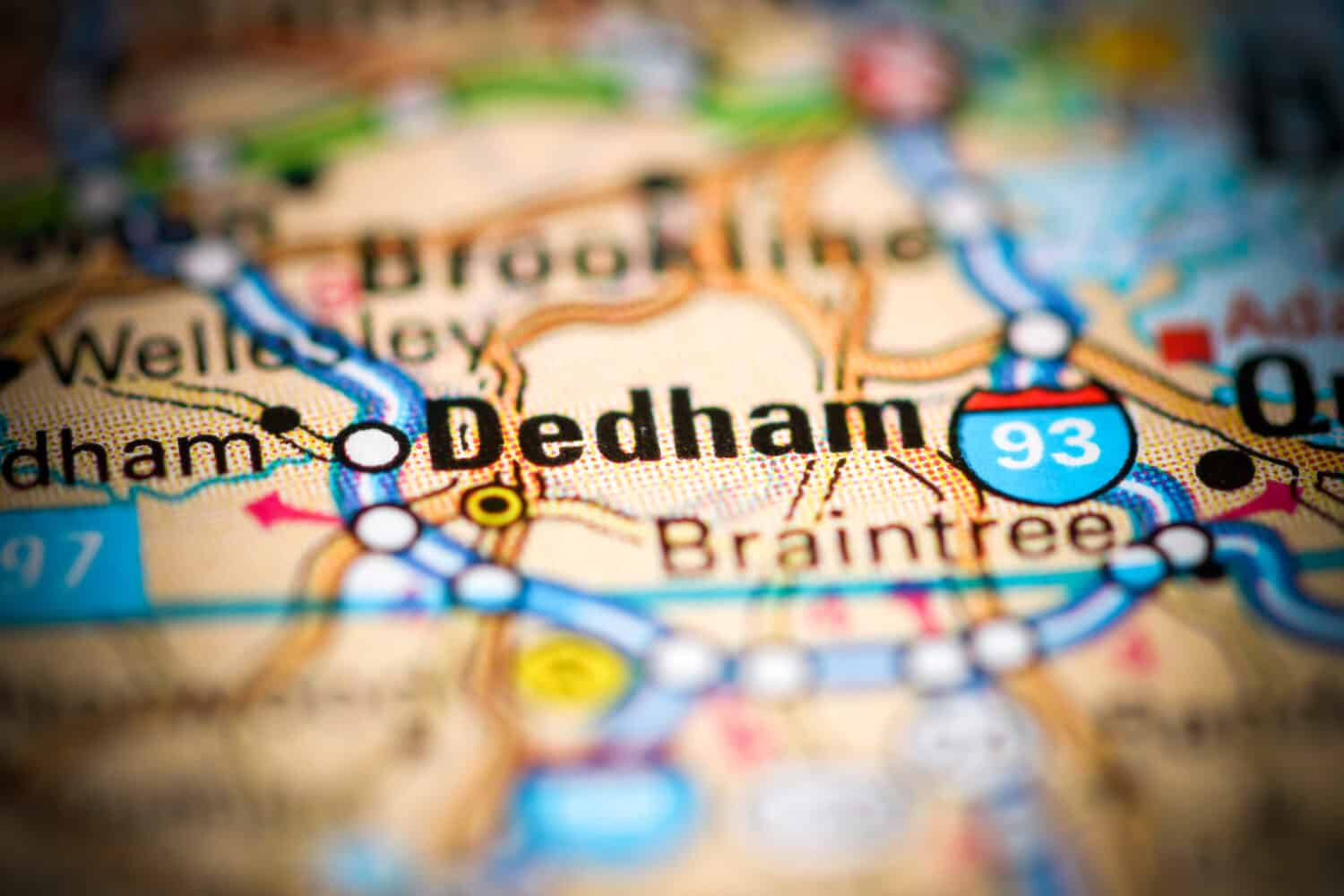Dedham. Massachusetts. USA on a geography map
