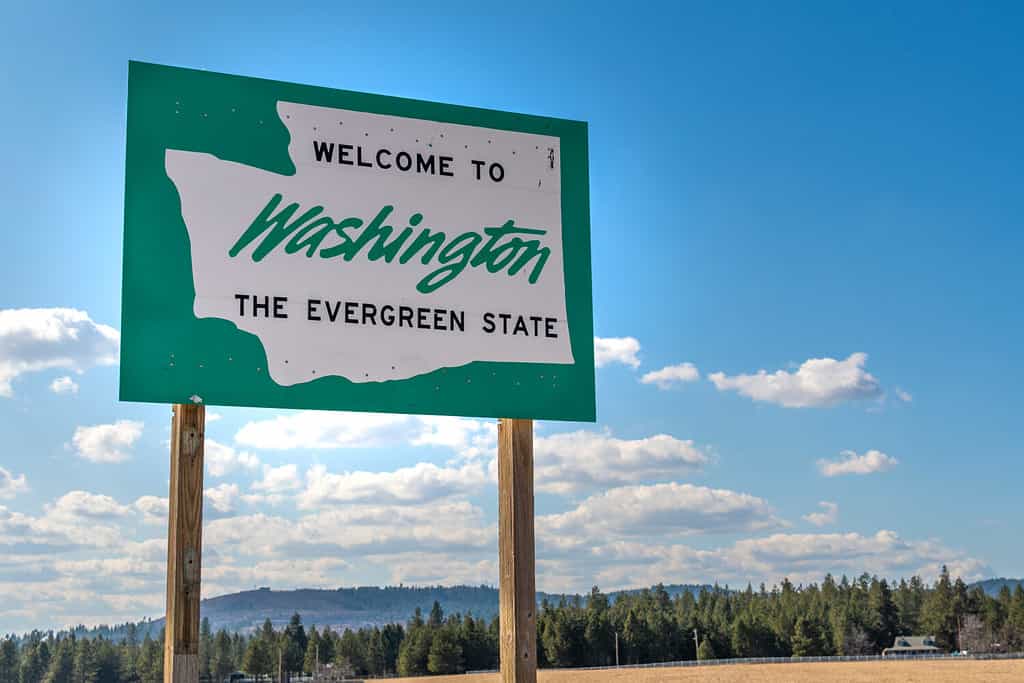 A roadside sign with welcome to Washington State, the evergreen state written on it with a rural setting and blue sky behind.