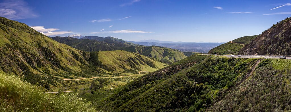 Colorful view of the San Bernardino Valley from the San Bernardino Mountains on a sunny day, Rim of the World Scenic Byway, San Bernardino County, California