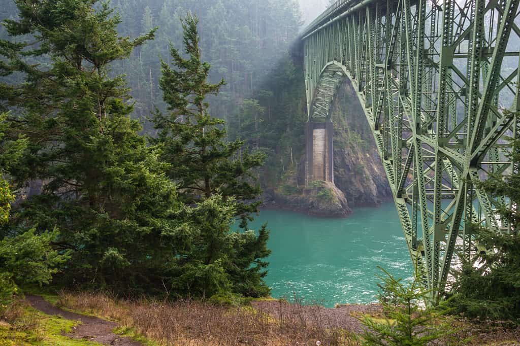 Iconic Deception Pass Bridge connecting Whidbey and Fidalgo Islands in Washington State.