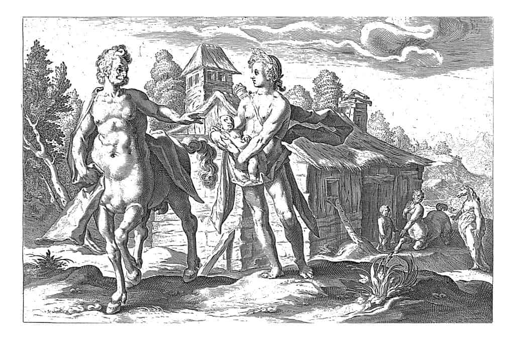 Apollo hands his child Asclepius, who he cut out of Coronis' belly after shooting her, to the centaur Chiron, vintage engraving.