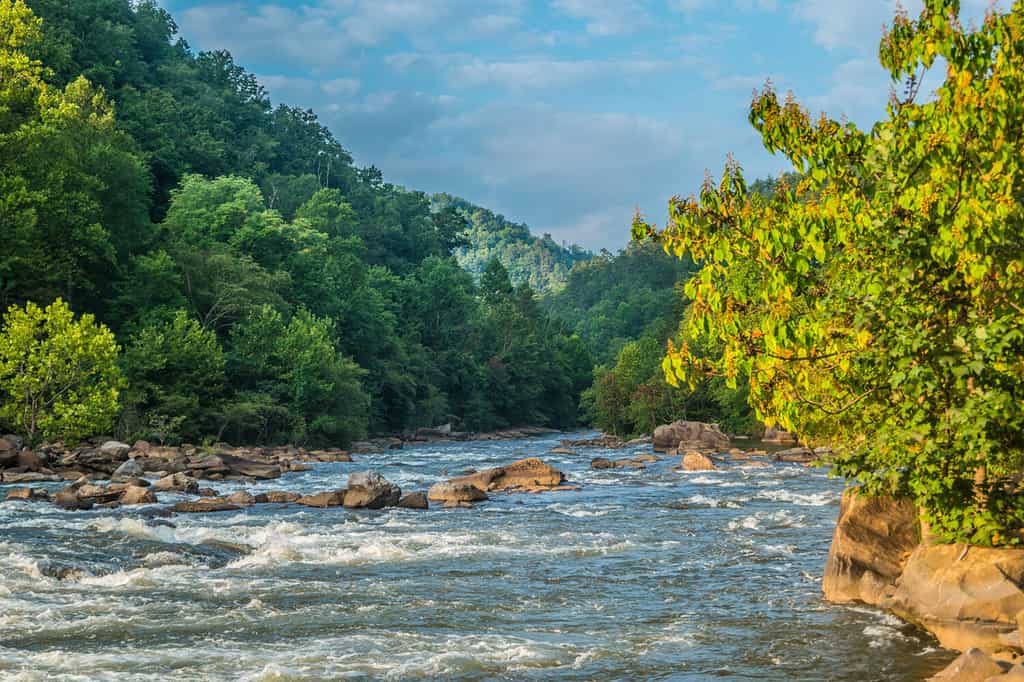 The Ocoee river in Tennessee with its whitewater flowing downstream closeup with the mist in the mountains in the background on a bright sunny day in early autumn