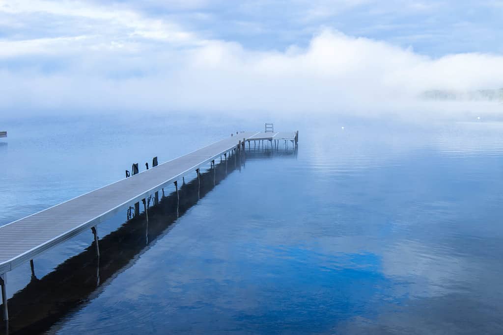 A closeup shot of a pier on the Lake Muskoka in Ontario, Canada