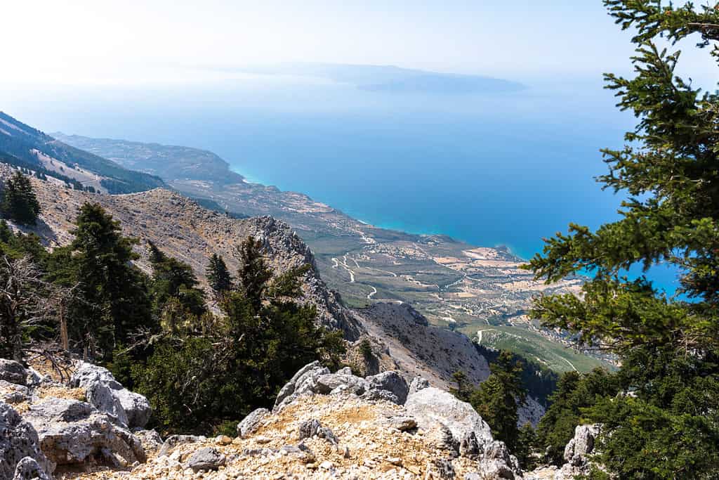Panoramic view over Kefalonia island from the mountain top Mount Ainos