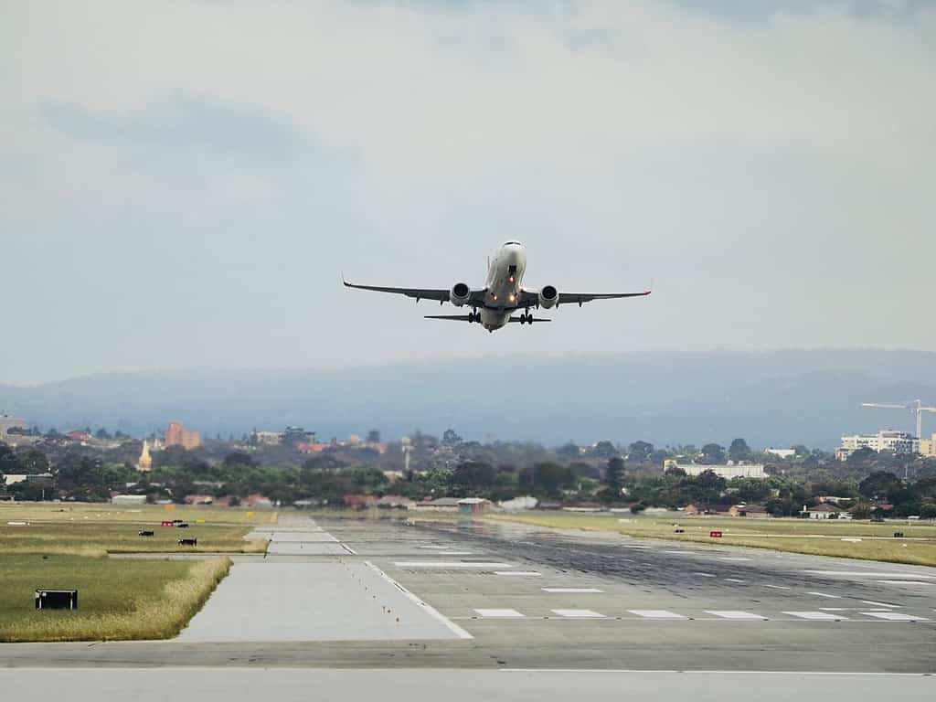 Airplane taking off from Adelaide Airport, Adelaide, South Australia
