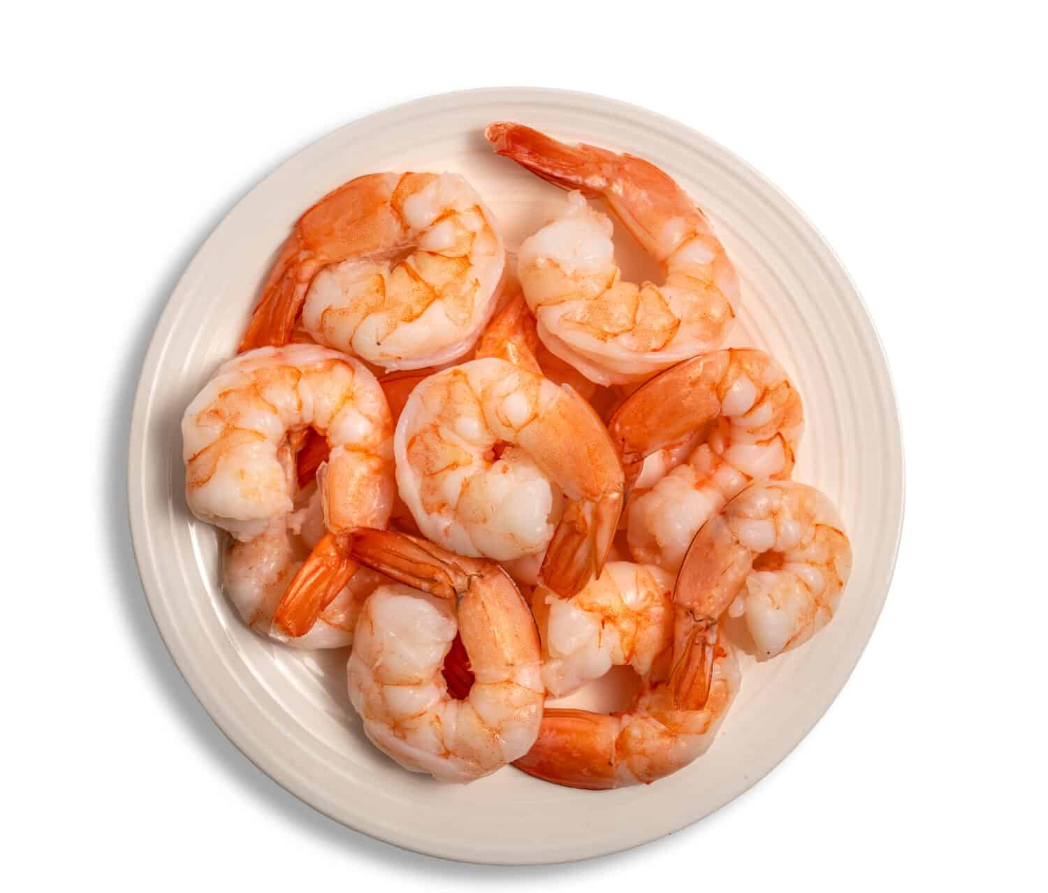 Cooked shrimps,Top view of boiled peeled shrimps isolated on white.
