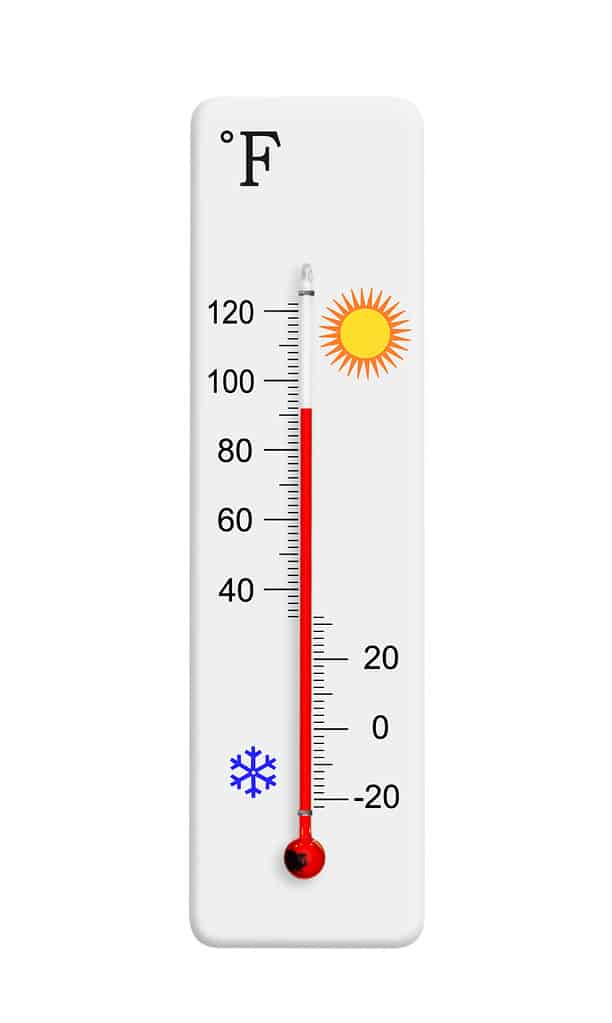 Fahrenheit scale thermometer isolated on a white background. Ambient temperature plus 92 degrees