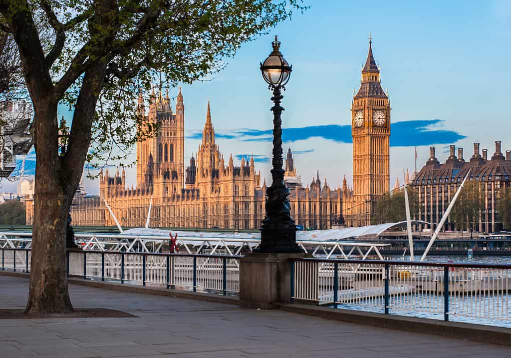The Houses of Parliament in Westminster and the Big Ben tower in London seen from the Queen's Walk riverfront at dawn