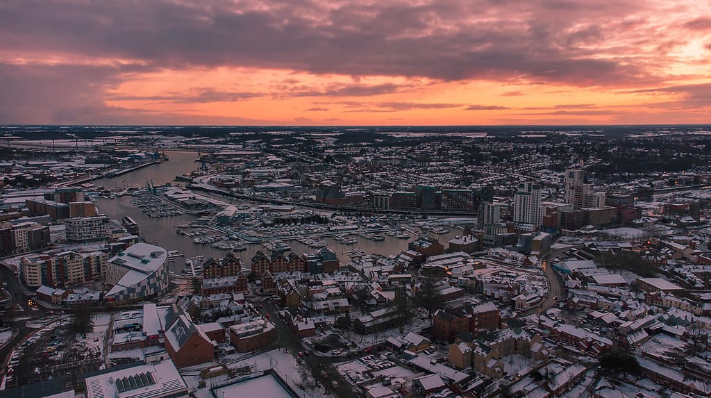An aerial photo of in Ipswich, Suffolk, UK at sunset