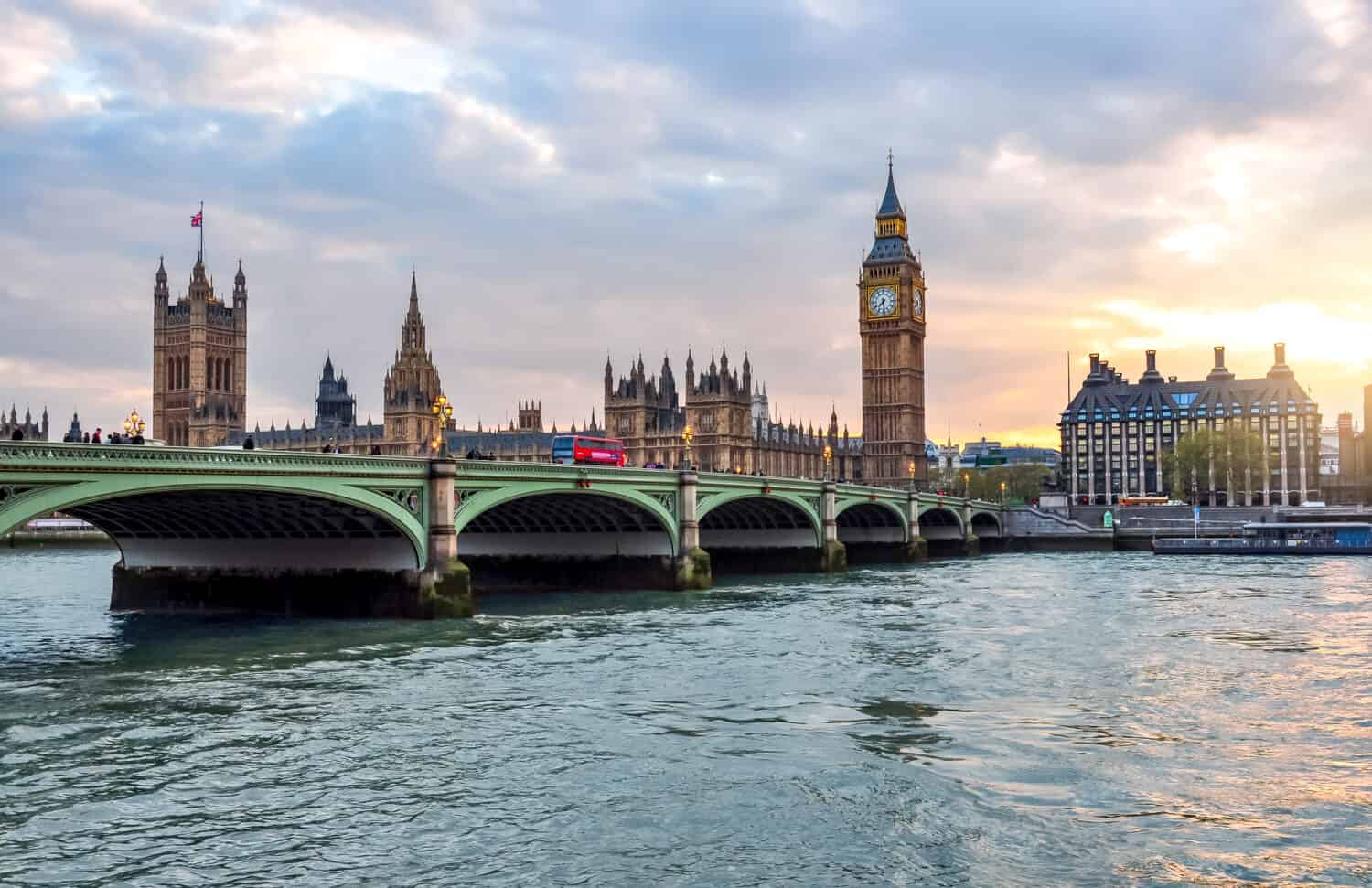 Houses of Parliament, Big Ben and Westminster bridge at sunset, London, United Kingdom