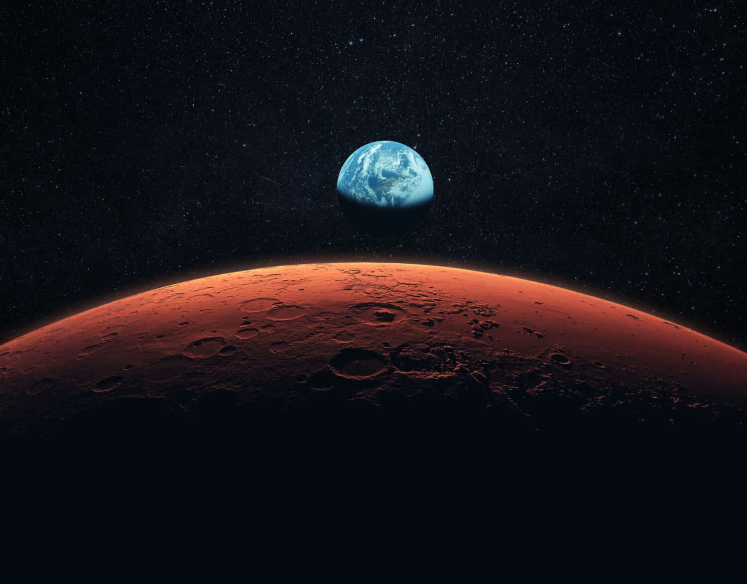 Mars, the red planet with detailed surface features and craters in deep space. Blue Earth planet in outer space. mars and earth, concept 