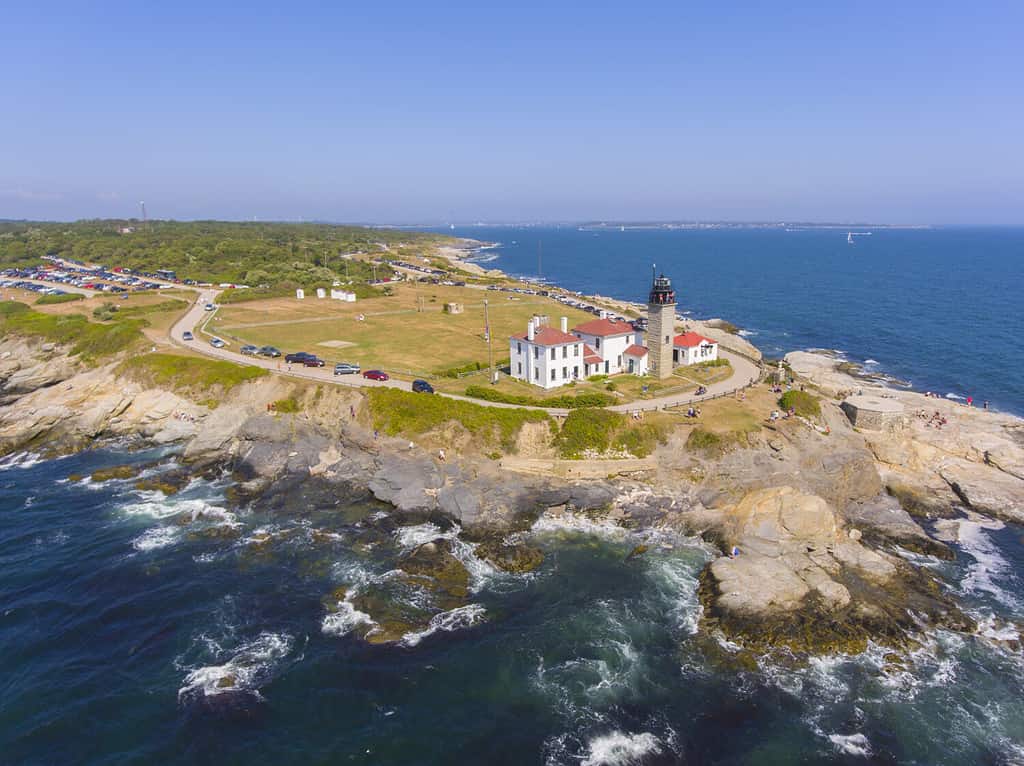 Beavertail Lighthouse in Beavertail State Park aerial view in summer, Jamestown, Rhode Island RI, USA. This lighthouse, built in 1856, at the entrance to Narragansett Bay on Conanicut Island.