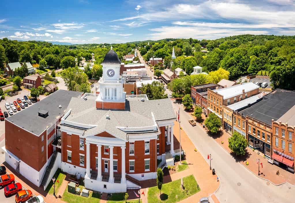 Aerial view of Tennessee's oldest town, Jonesborough and its courthouse. Jonesborough was founded in 1779 and it was the capital for the failed 14th State of the US, known as the State of Franklin