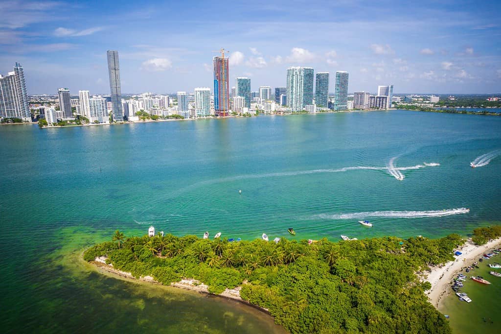 Aerial Drone of Beautiful Miami Biscayne Bay Florida