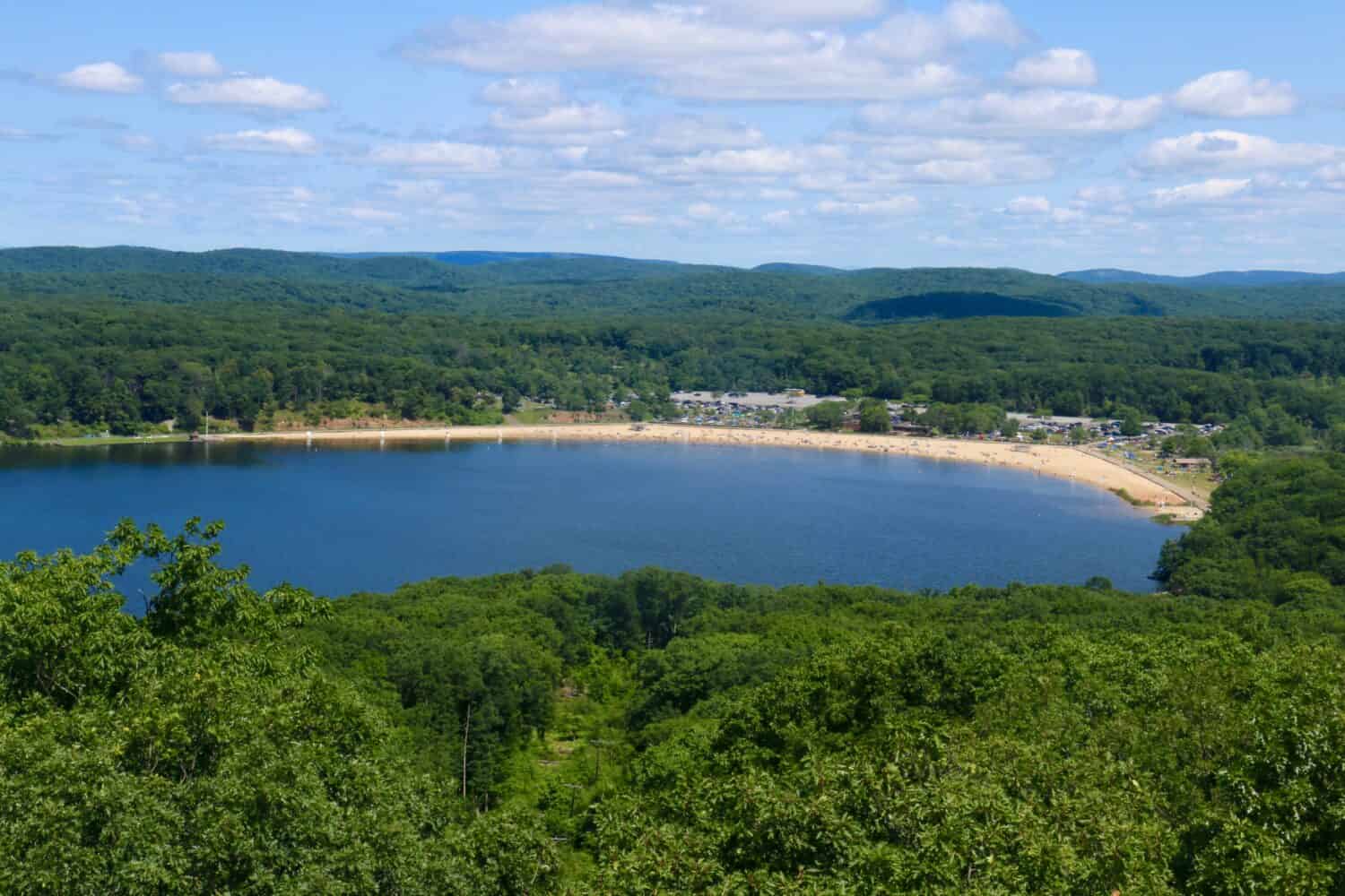 Aerial view of Lake Welch at Harriman State Park, New York, a popular hudson valley swimming hole
