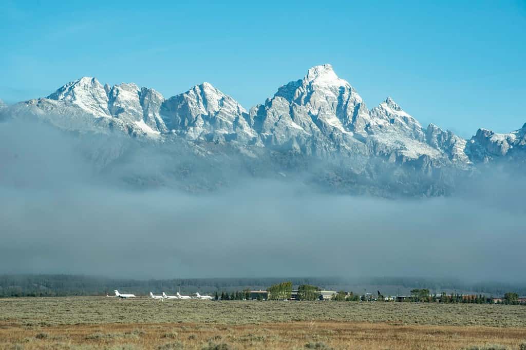 Fog covers the airport at Jackson Hole, Montana.