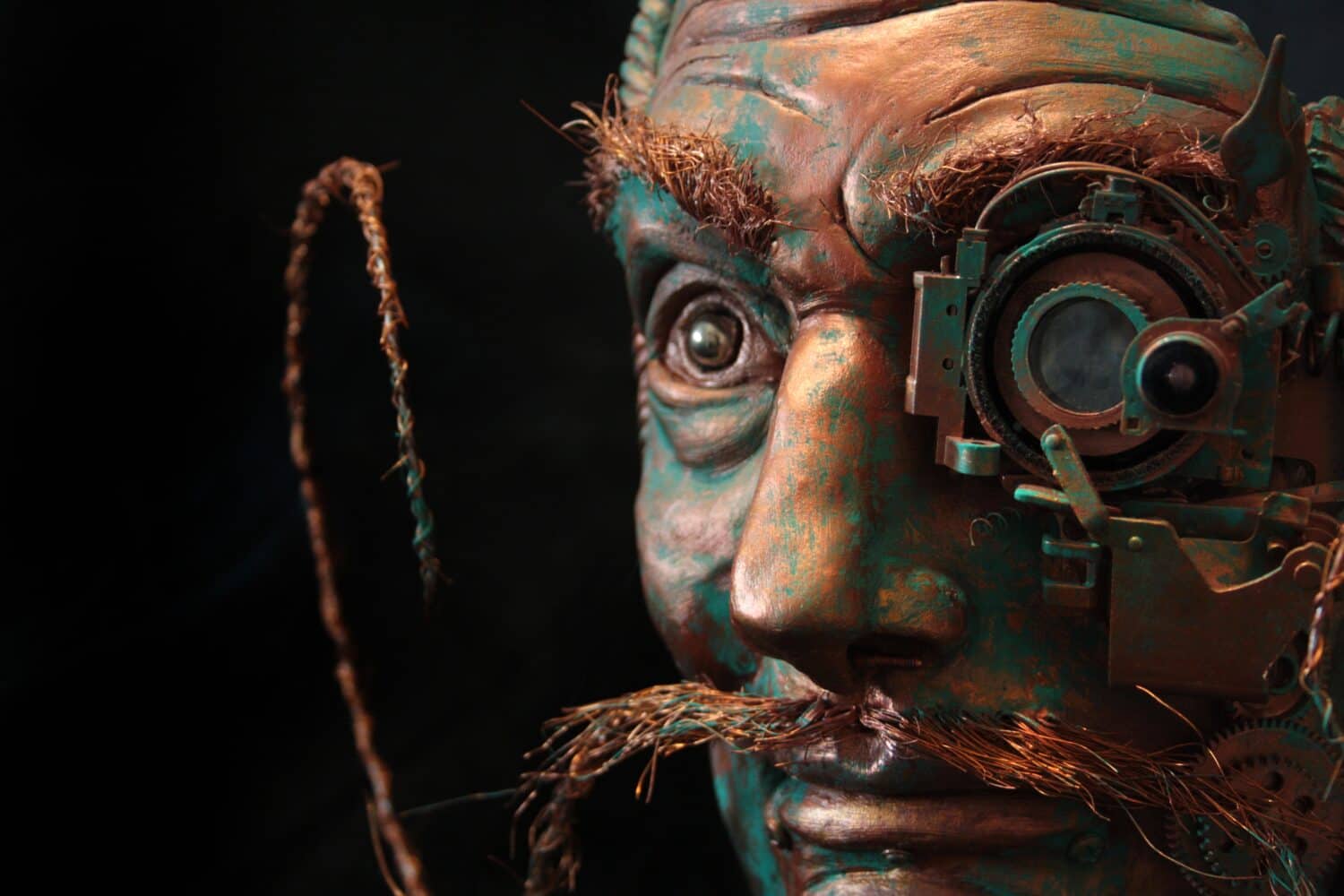 Salvador Dali portrait. Sculpture detail, steampunk style, copper color and oxidized effect.