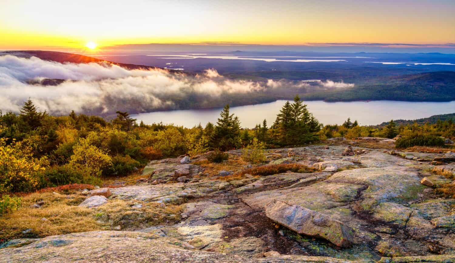 Scenic sunset in Acadia National Park as seen from the top of Cadillac Mountain