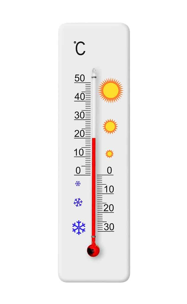 Celsius scale thermometer isolated on white background. Ambient temperature plus 20 degrees