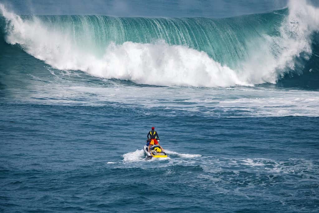 Rescue lifeguard in the ocean in front of a big wave searching for surfers