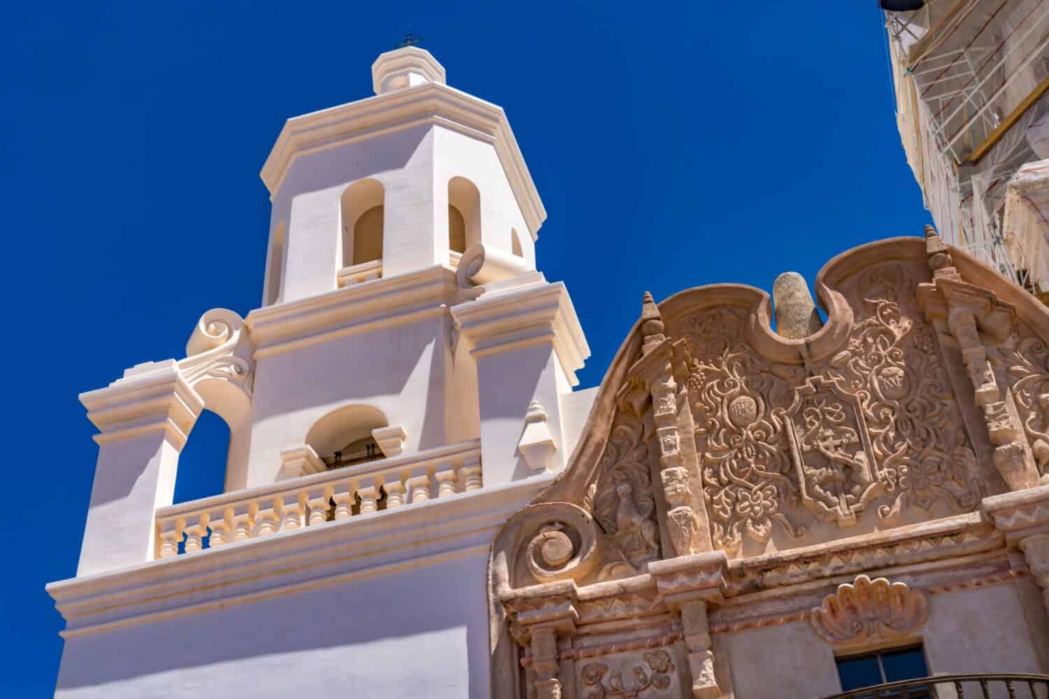 Front Tower Belfry Mission San Xavier del Bac Catholic Church Tuscon Arizona Founded 1692 Best Example Spanish Colonial architecture