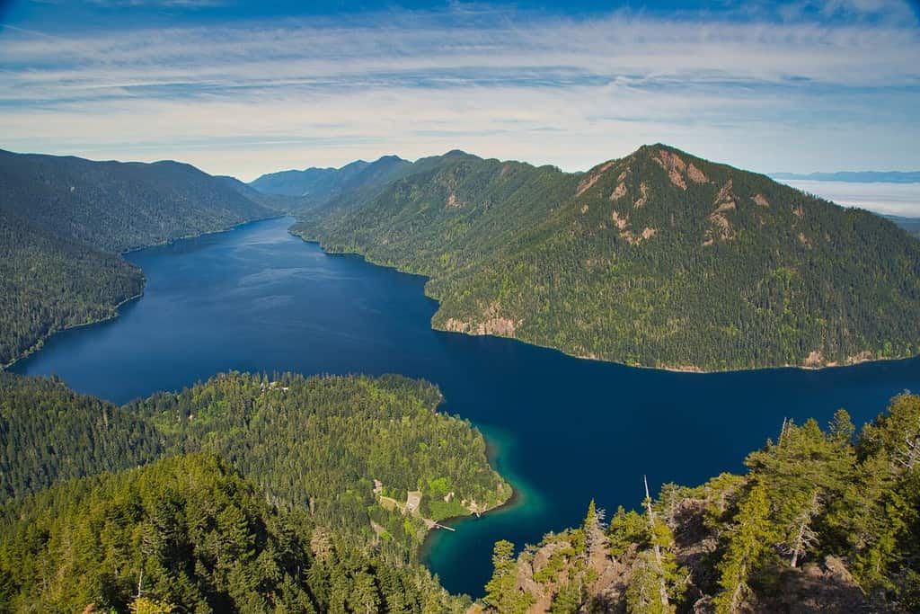 An overhead view of Crescent Lake in Olympic National Park, Washington