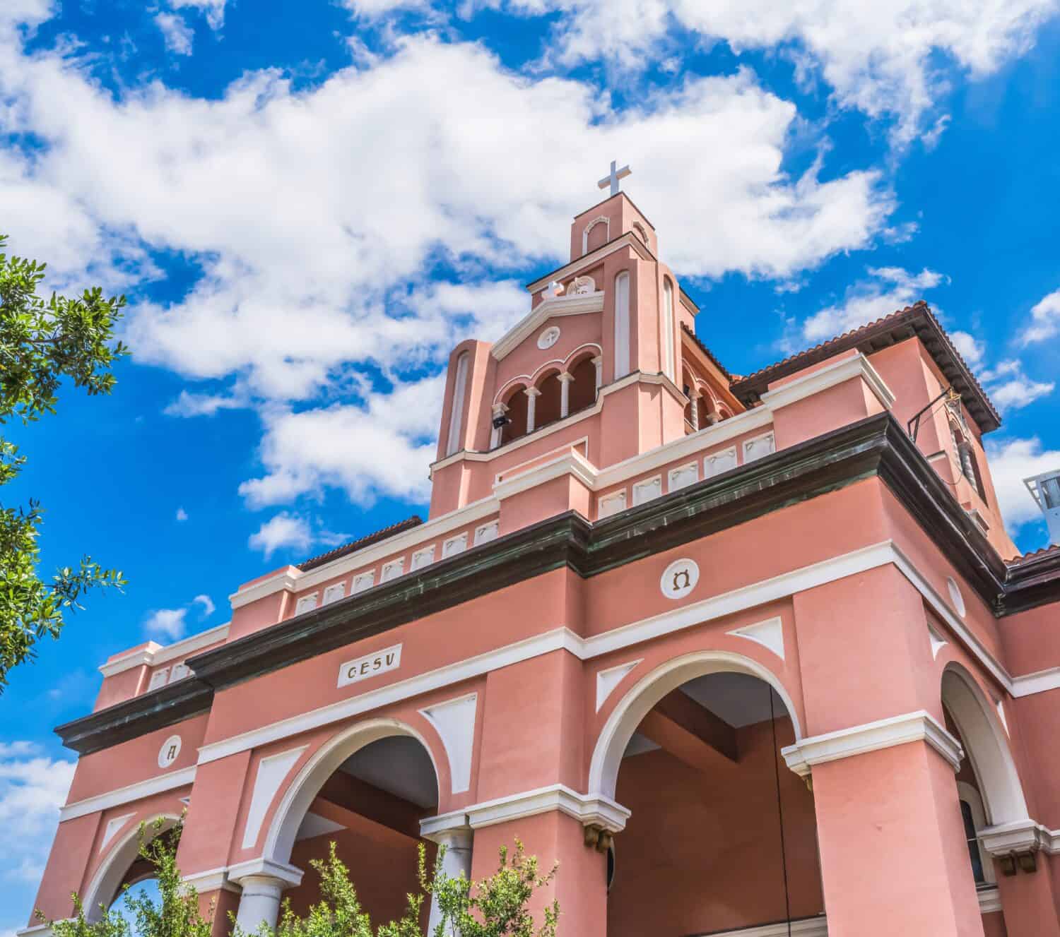 Historic Gesu Catholic Church Facade Outside Miami Florida.  Founded in 1898 Church built 1920s.