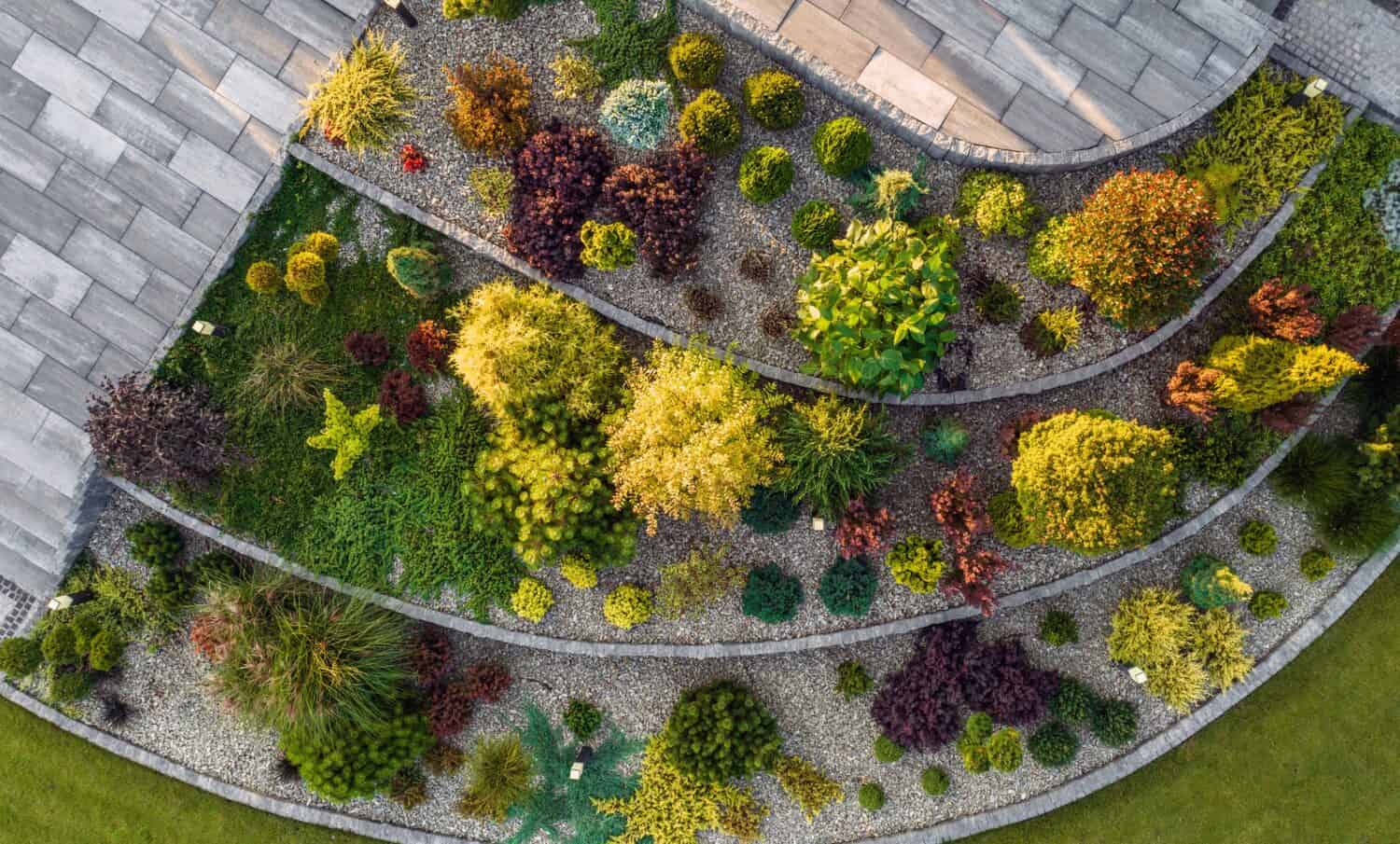 Aerial View of Residential Rockery Backyard Garden. Landscaping and Gardening Industry.