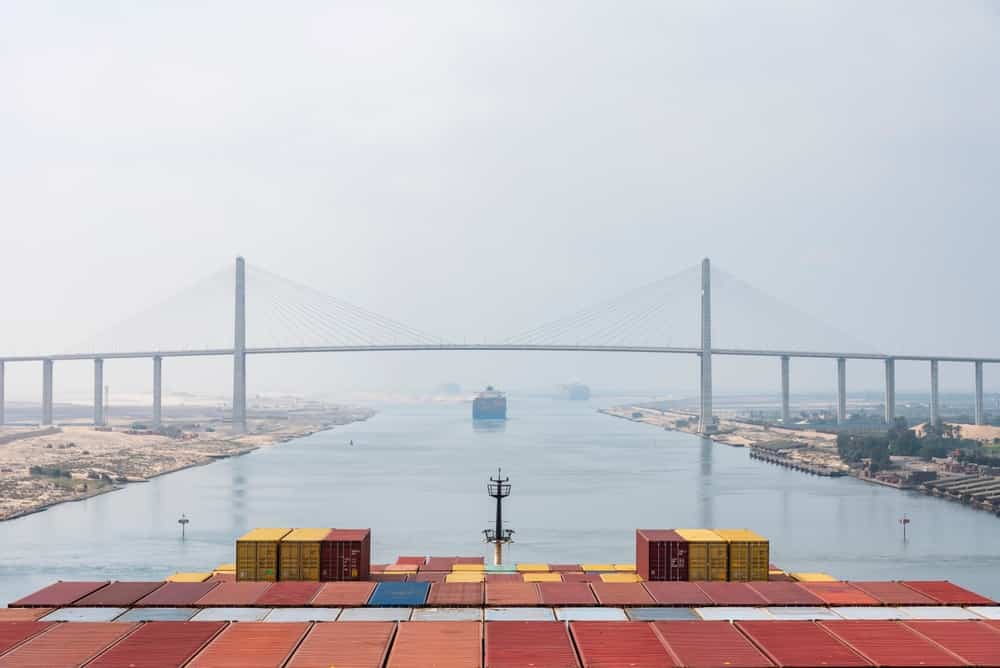 View on the containers loaded on the cargo ship, she is transiting Suez Canal.