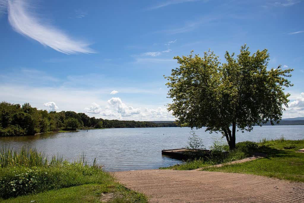 A loading dock and boat launch lets out on the Lake Dardanelle portion of the Arkansas River in Cabin Creek Park and Public Use Area in Knoxville, Johnson County, Arkansas River Valley, Arkansas.