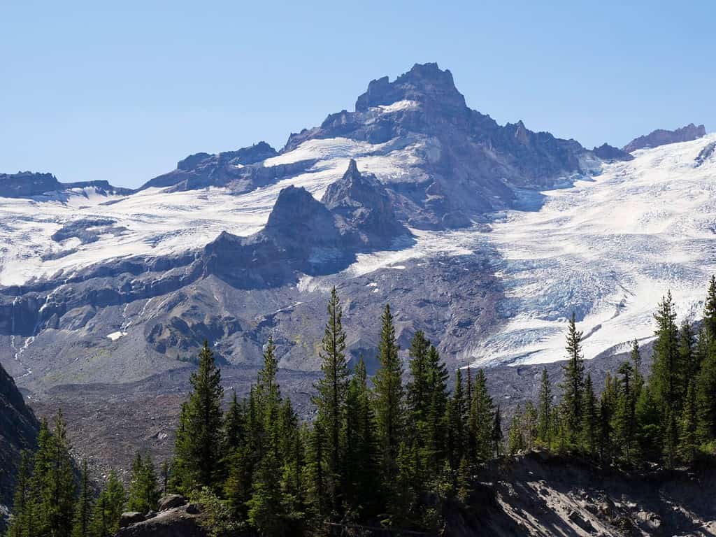 Washington State, Mount Rainier National Park. Little Tahoma with Fryingpan and Emmons Glaciers, view from Glacier Basin