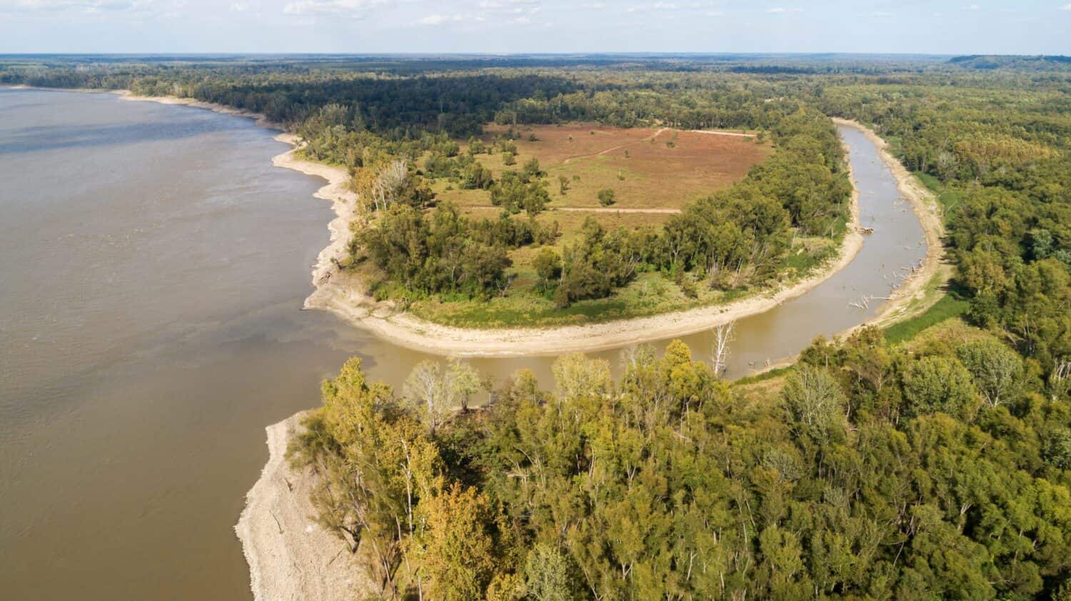 An image of the Big Black River, a tributary of the Mississippi River, meeting the Mississippi River near Grand Gulf, Mississippi.