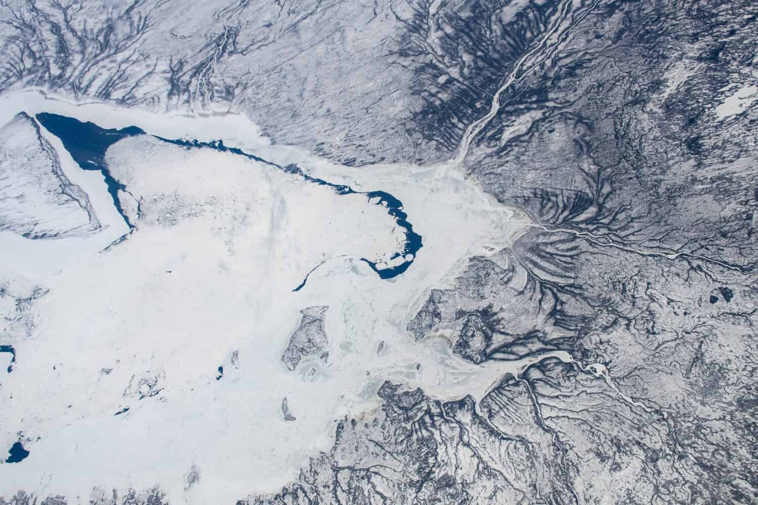 Ariel view over the frozen southern tip of the Hudson Bay in Canada. Digitally enhanced. Elements of this image furnished by NASA.