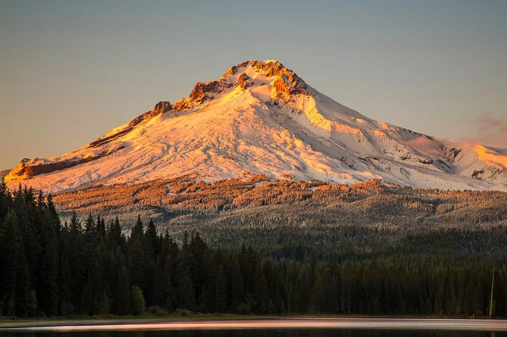 Mount Hood reflecting in Trillium Lake at sunset, National Forest, Oregon USA