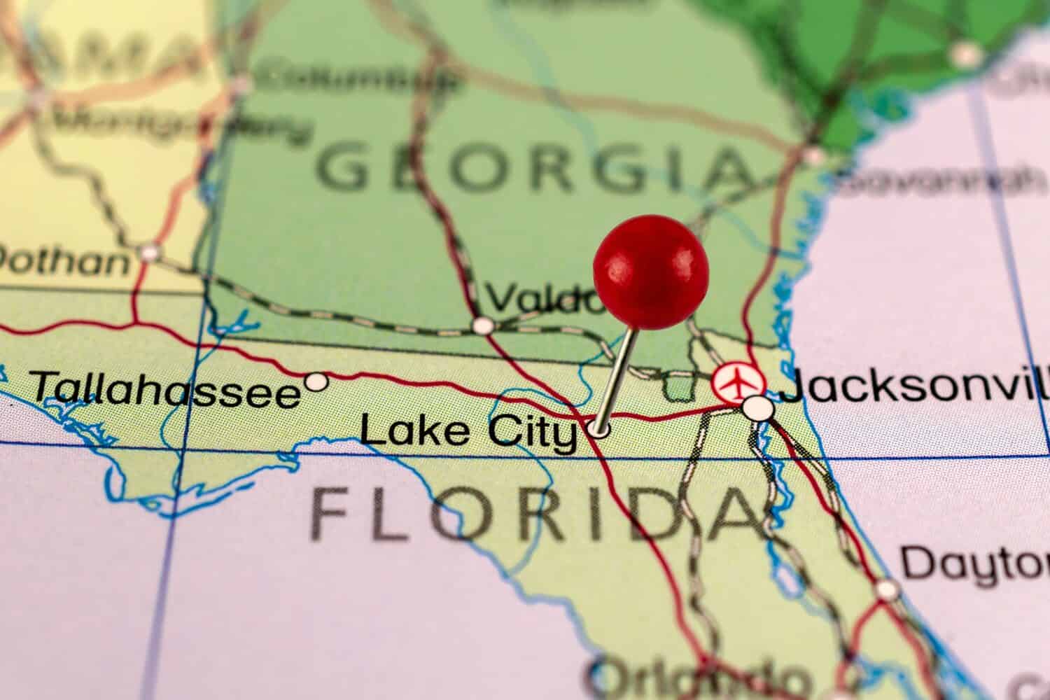 Lake City map. Lake City pin map. Close up of Lake City map with red pin. Map with red pin point of Lake City  in USA, Florida.