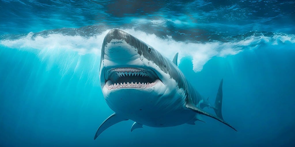 Ocean shark bottom view from below. Open toothy dangerous mouth with many teeth. Underwater blue sea waves clear water shark swims forward