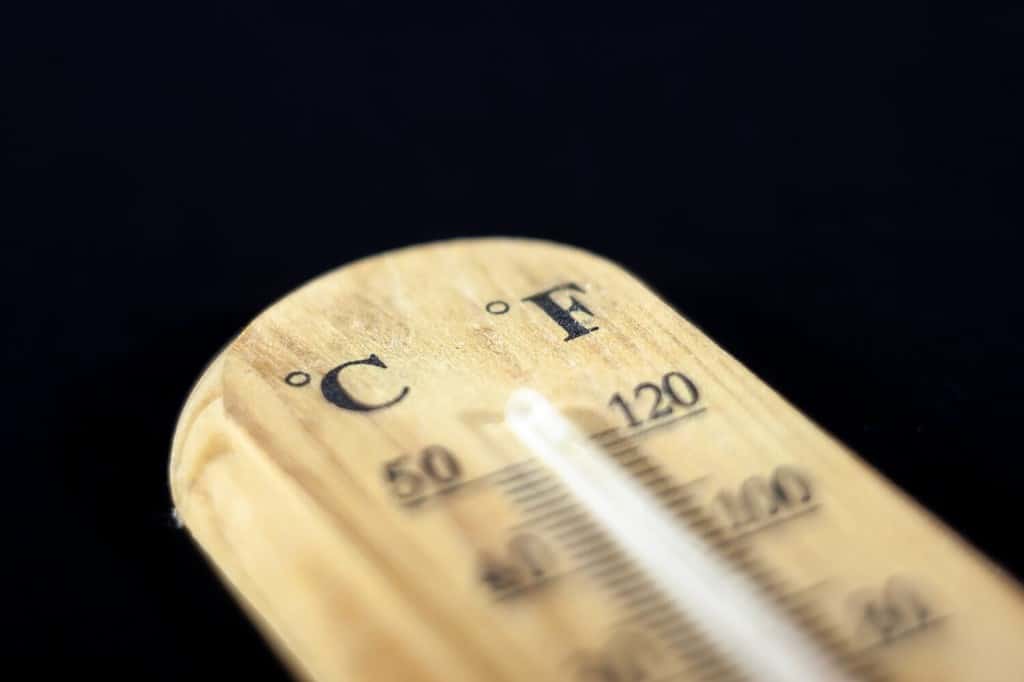 Selective focus on a thermometer indicating the temperature both in Fahrenheit and Celsius degrees; The Fahrenheit unit is mainly used in the USA and america, while the celsius unit is used everywhere