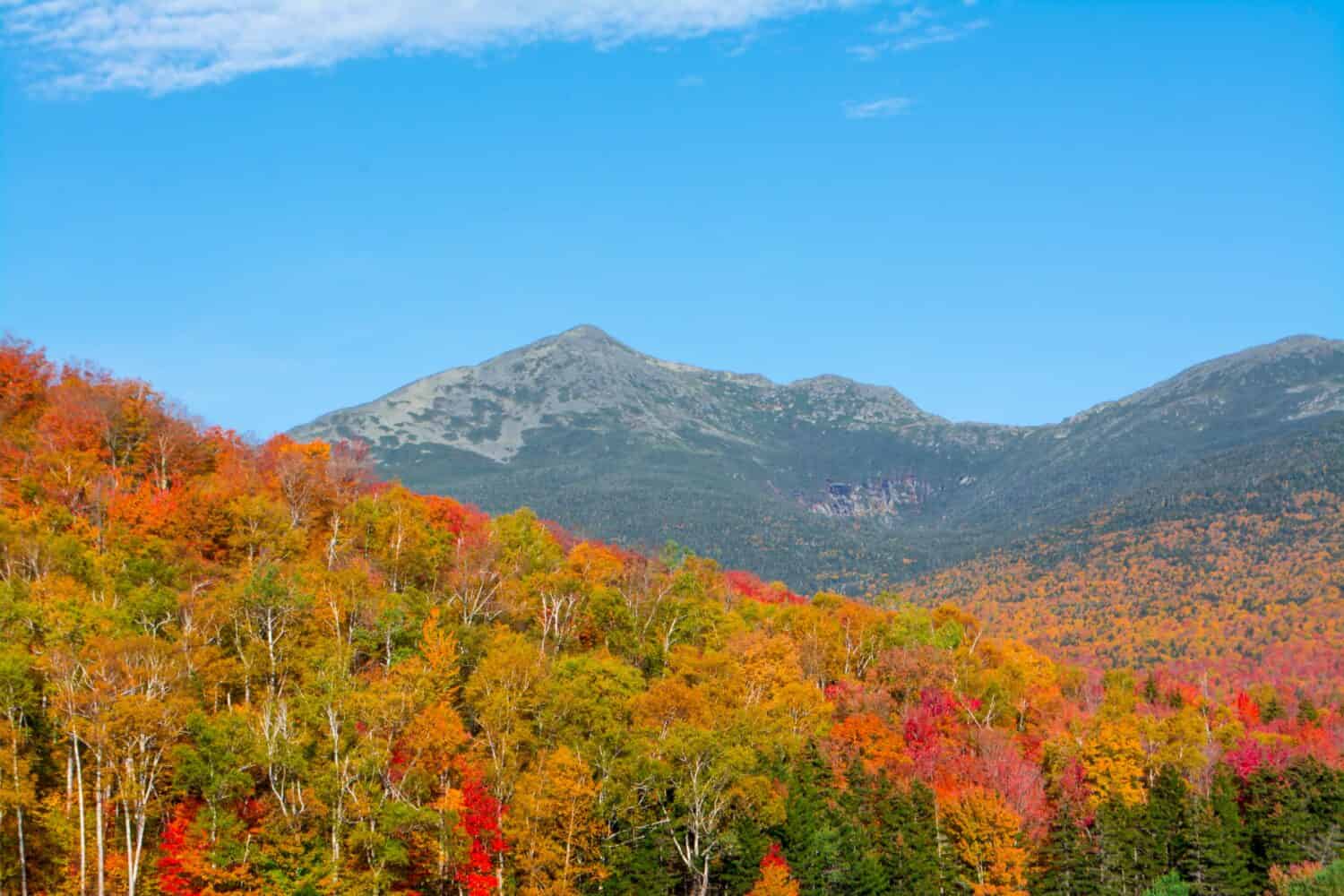 Bright reds, yellows and oranges fill the woods before the mountain peaks.