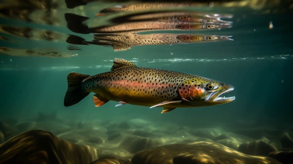 Rainbow trout swimming in natural underwater habitat, shallow depth of field.