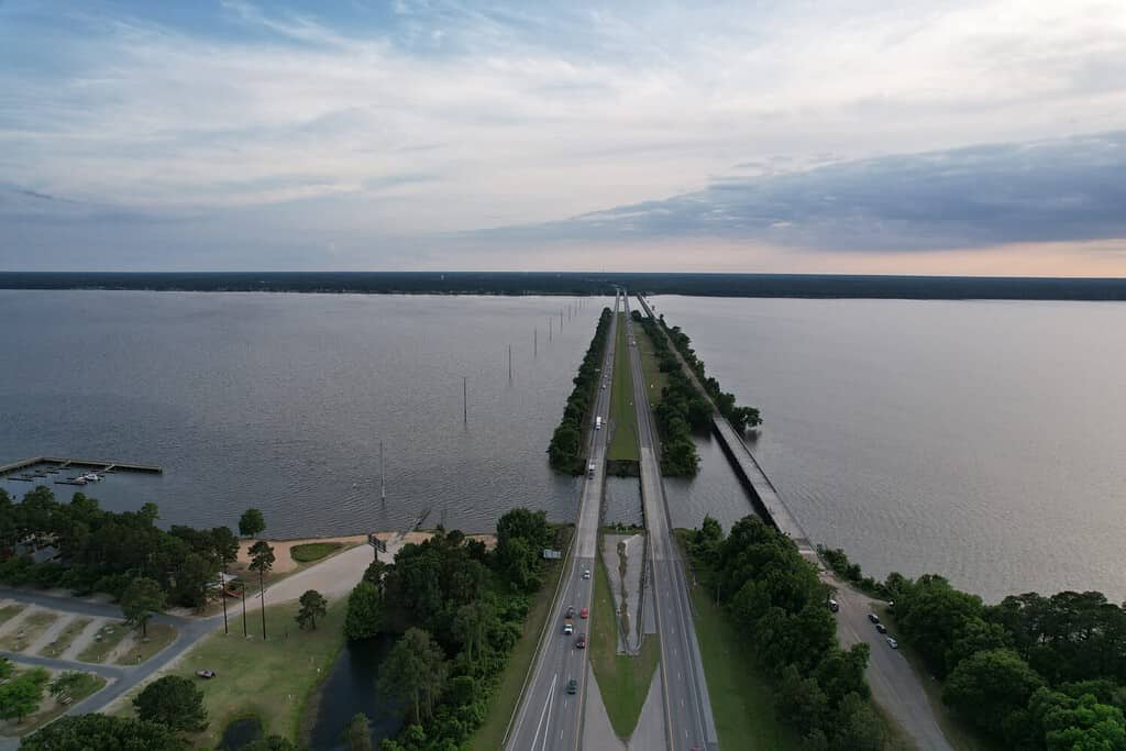 Aerial views from over Interstate 95 at Lake Marion in Santee, South Carolina