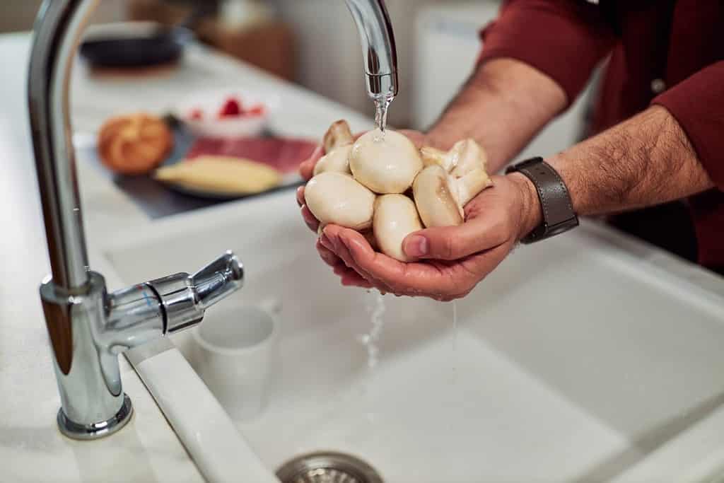 The unknown man holding a fresh mushroom and cleaning them under a splash in the kitchen sink.