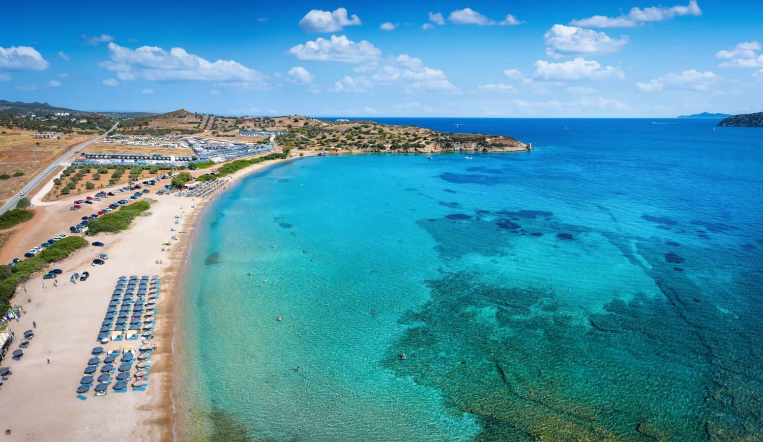 Aerial view of the beautiful beach of Legrena, Attica, Greece, popular spot for local Athenians and tourists