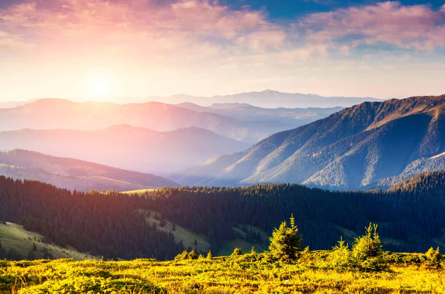 Majestic panorama of green mountains with sunny beams. Dramatic scene. National Park, Carpathian, Ukraine, Europe. Beauty world.