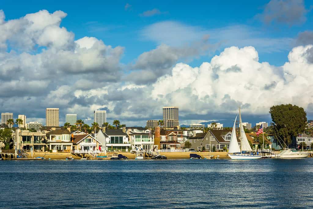 View of Balboa Island, and buildings in Irvine, from Newport Beach, California.