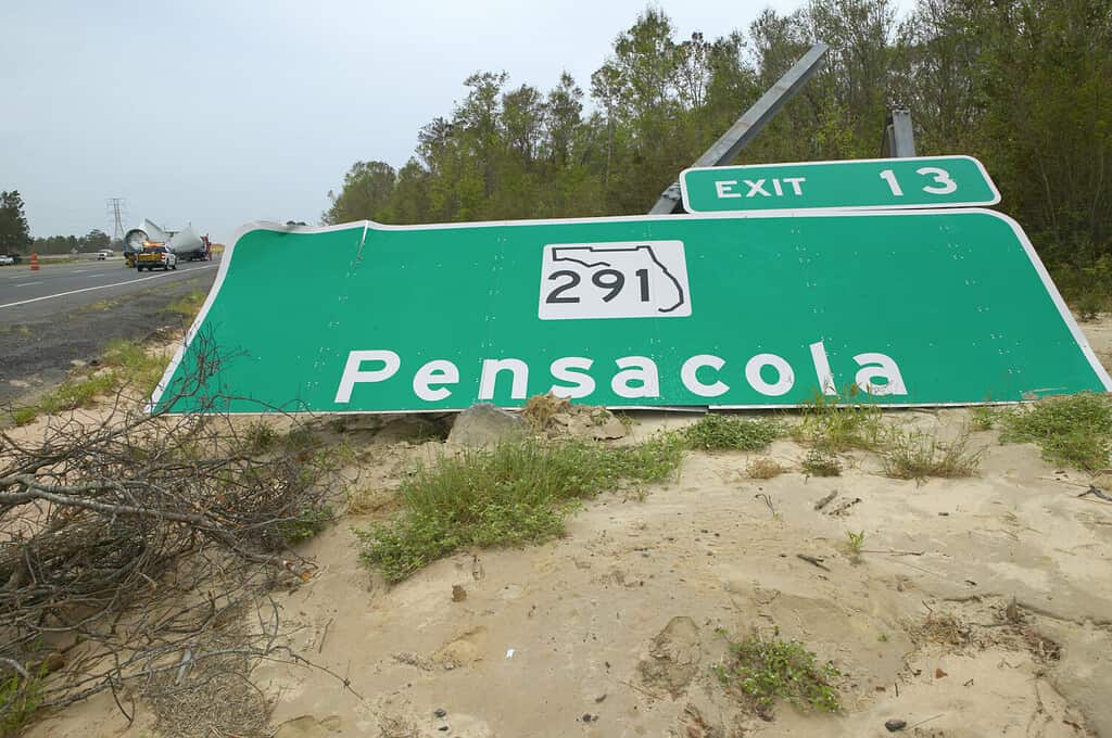 Pensacola road sign blown down from Hurricane Ivan in Pensacola Florida